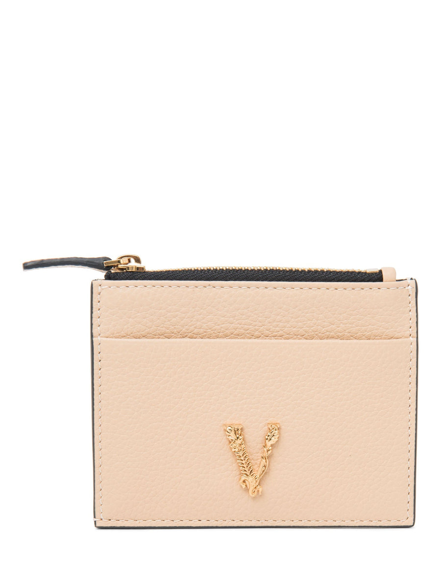 Versace Logo Leather Compact Credit Card Wallet Beige