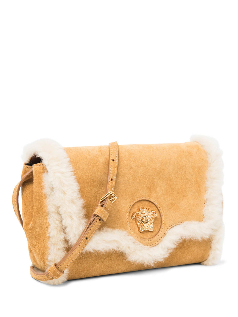 Versace Logo Suede Fur Medusa Messenger Bag Brown Beige-designer resale