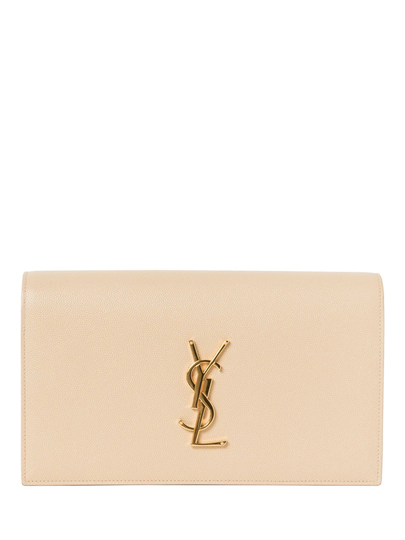 Yves Saint Laurent Logo Grained Leather Clutch Biege Gold-designer resale