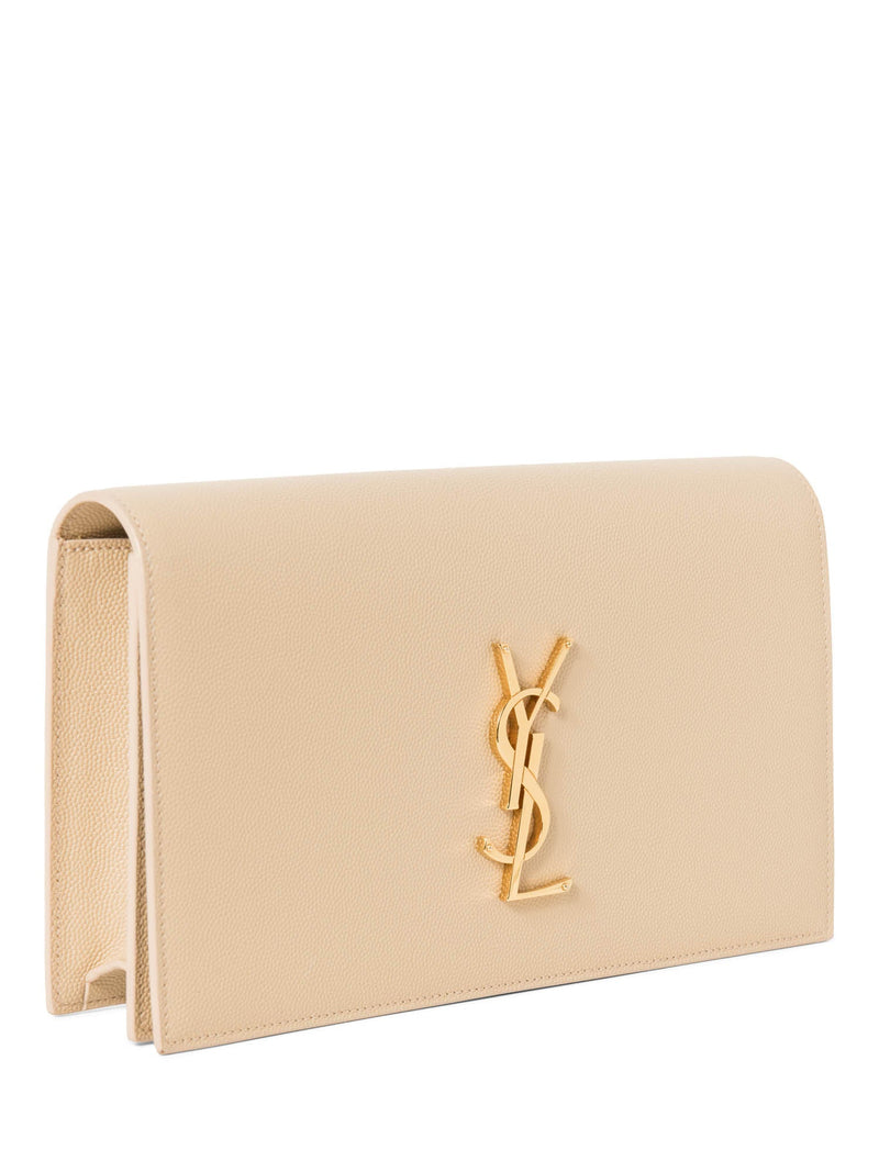 Yves Saint Laurent Logo Grained Leather Clutch Biege Gold-designer resale