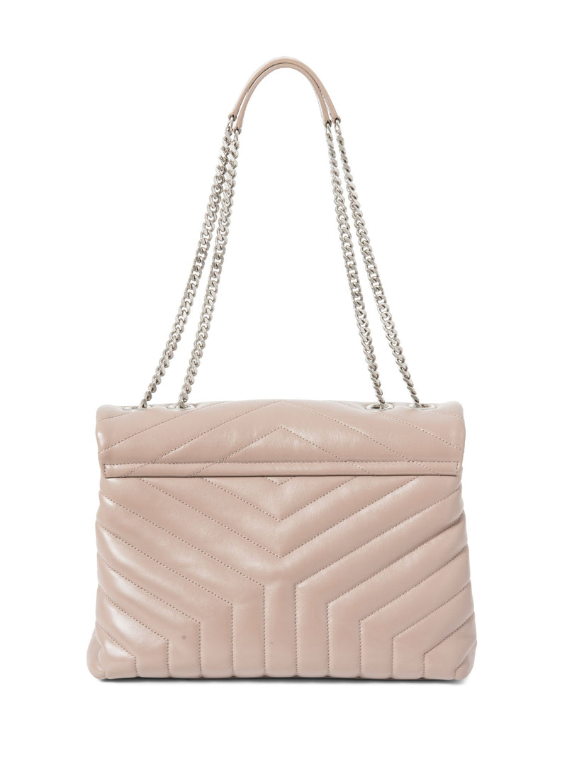 Yves Saint Laurent Logo Quilted Chevron Leather Medium Loulou Bag Taupe Silver-designer resale
