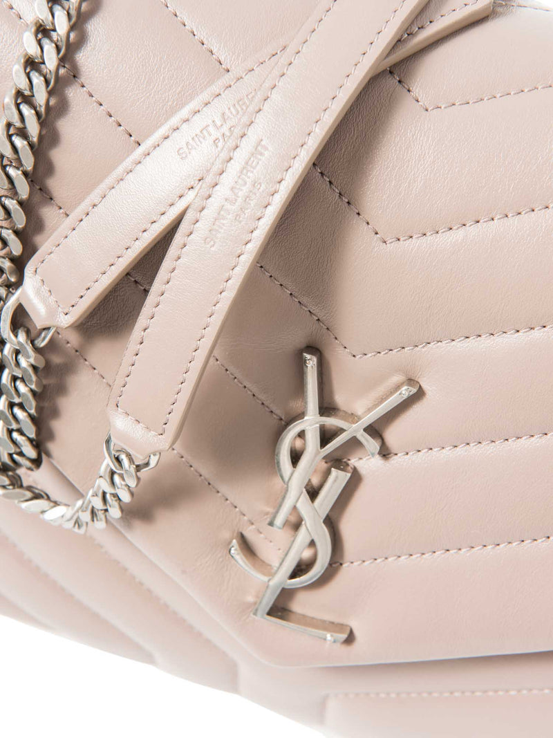 Yves Saint Laurent Logo Quilted Chevron Leather Medium Loulou Bag Taupe Silver-designer resale