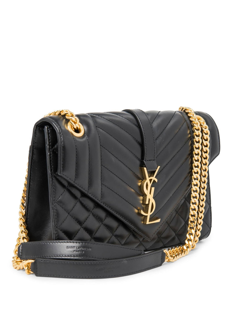 Yves Saint Laurent Logo Quilted Leather 24K Gold Plated Messenger Bag Black-designer resale