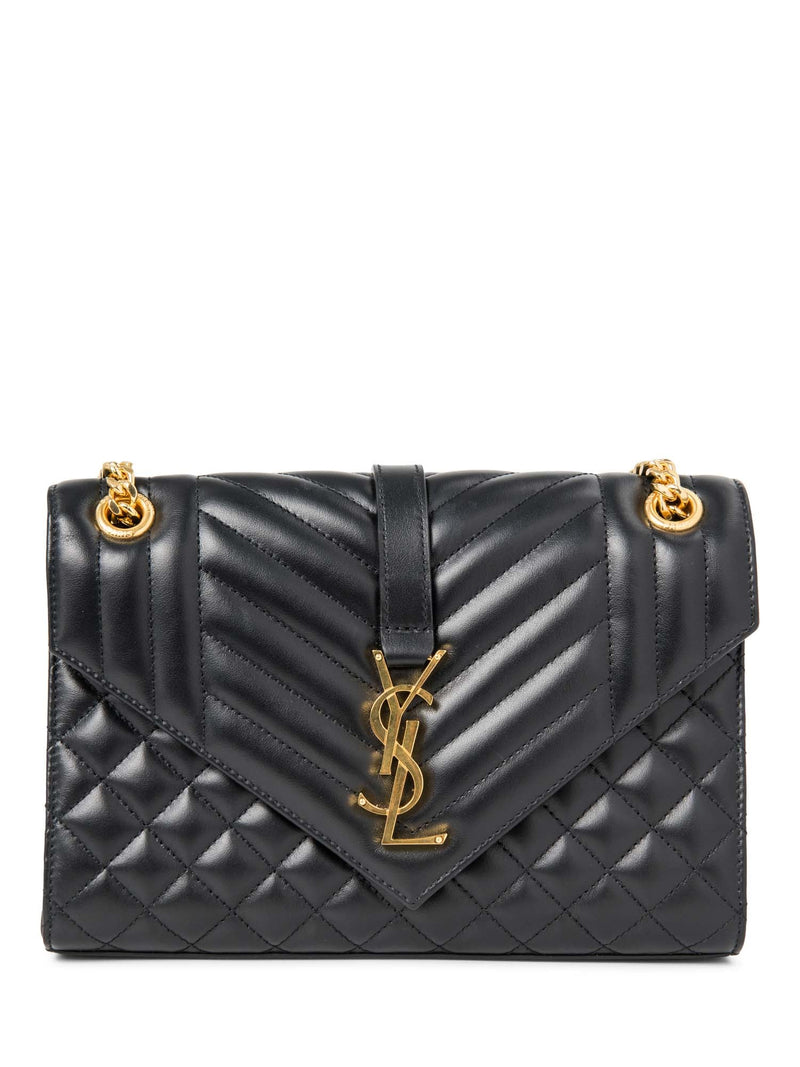 Yves Saint Laurent Logo Quilted Leather 24K Gold Plated Messenger Bag Black-designer resale
