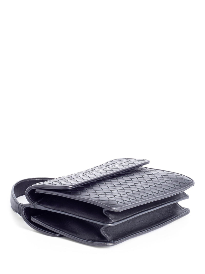 Bottega Veneta Intrecciato Leather Double Flap Bag Black-designer resale