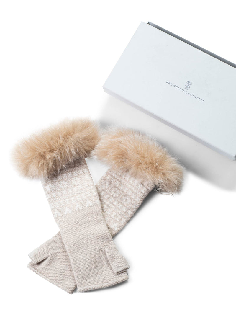 Brunello Cucinell Cashmere Fox Hand Warmer Gloves Beige-designer resale