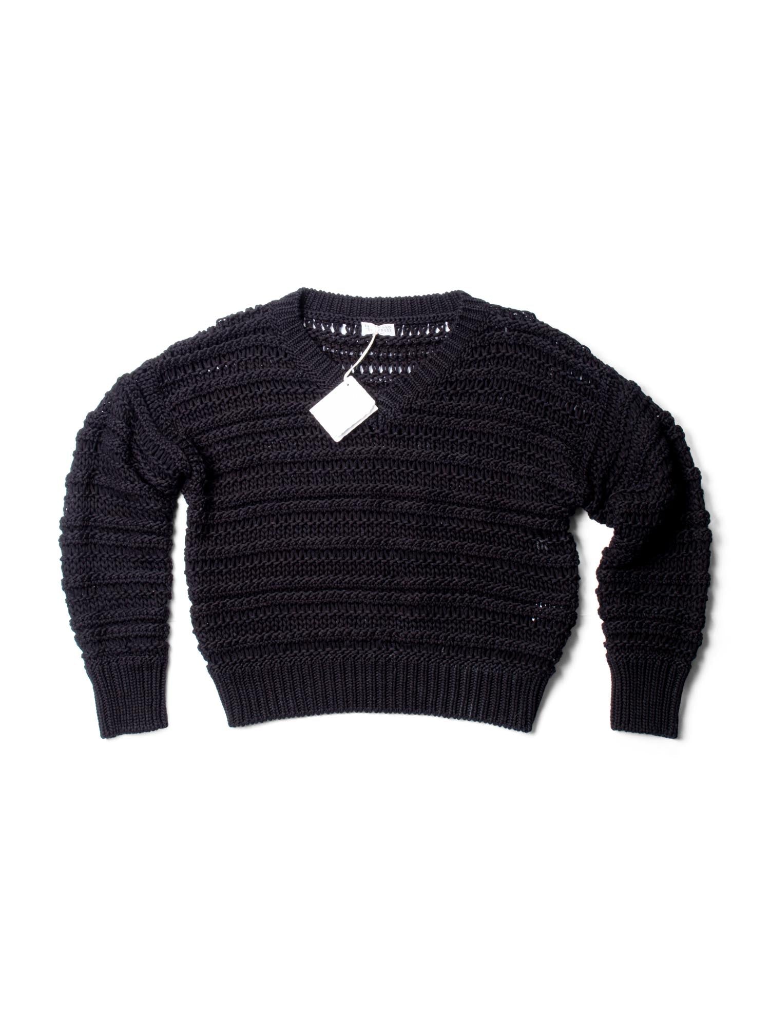 Brunello Cucinelli Cotton Bulky Knit V Neck Sweater Black-designer resale