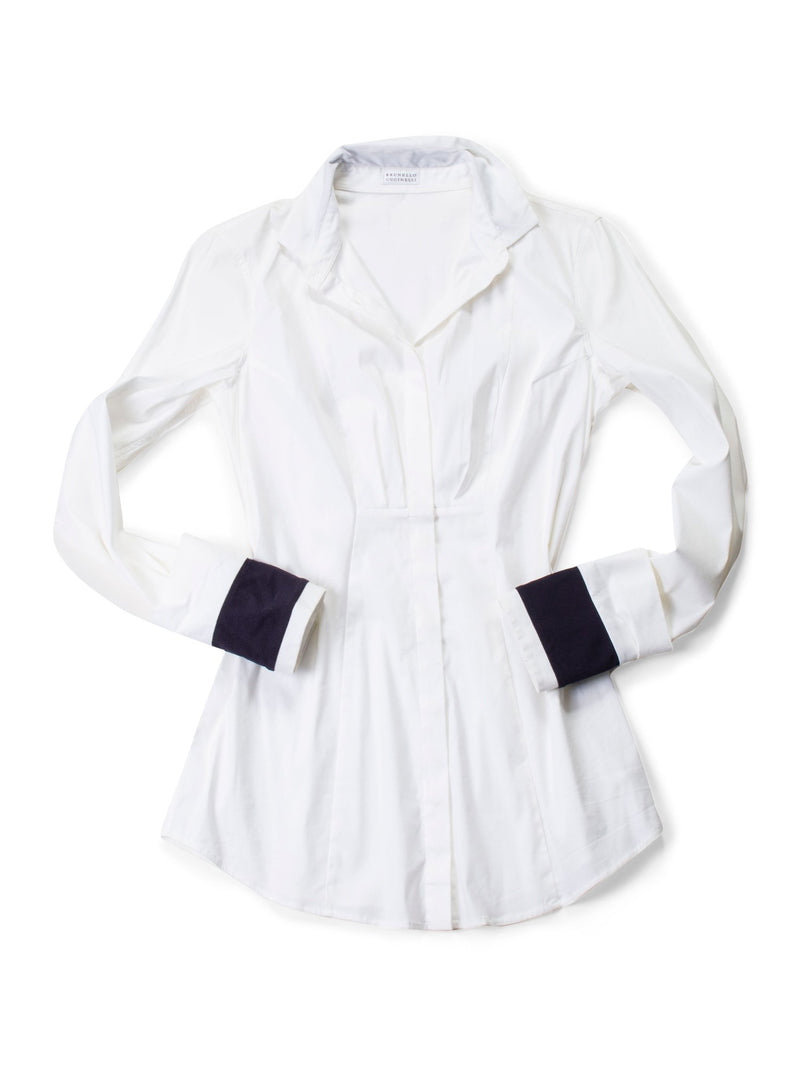 Brunello Cucinelli Cotton Fitted Boyfriend Shirt White Blue-designer resale