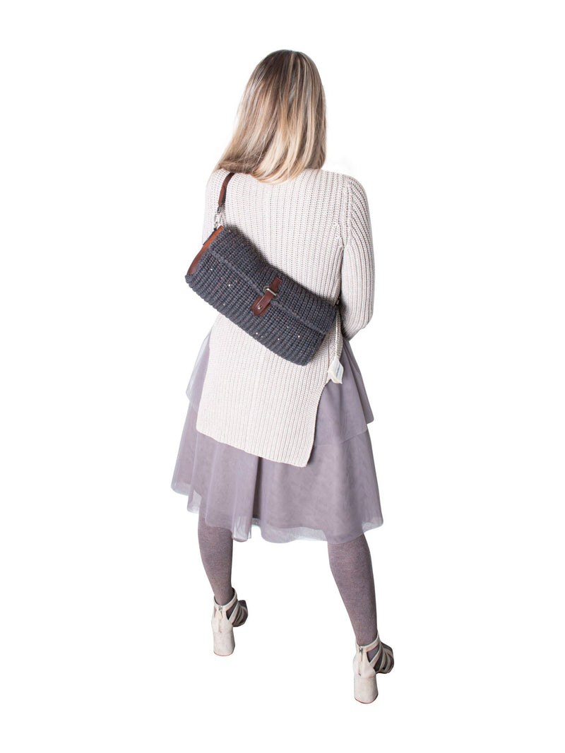 Brunello Cucinelli Knit Sparkles Flap Bag Backpack Grey Brown-designer resale