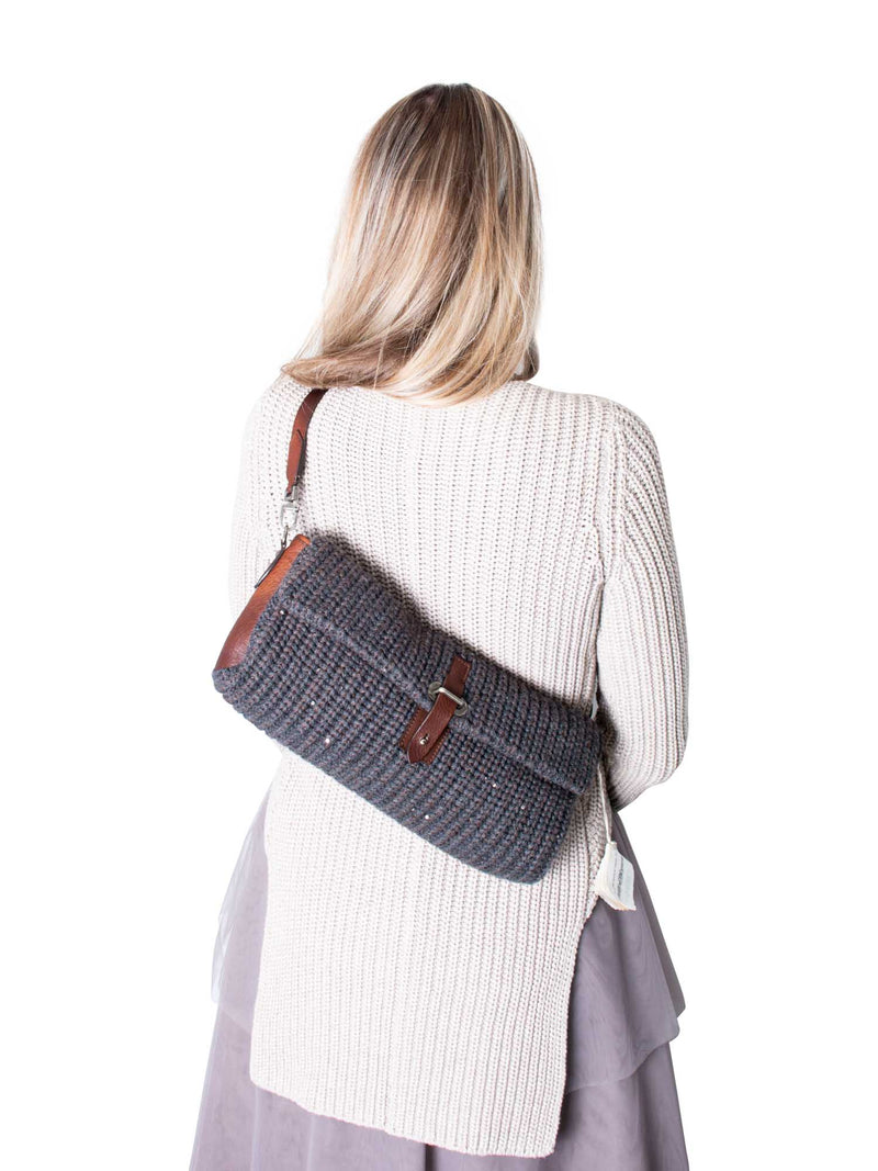 Brunello Cucinelli Knit Sparkles Flap Bag Backpack Grey Brown-designer resale