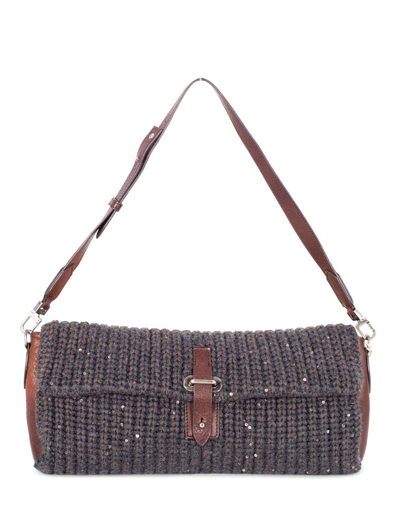 Brunello Cucinelli Knit Sparkles Flap Bag Backpack Grey Brown-designer resale