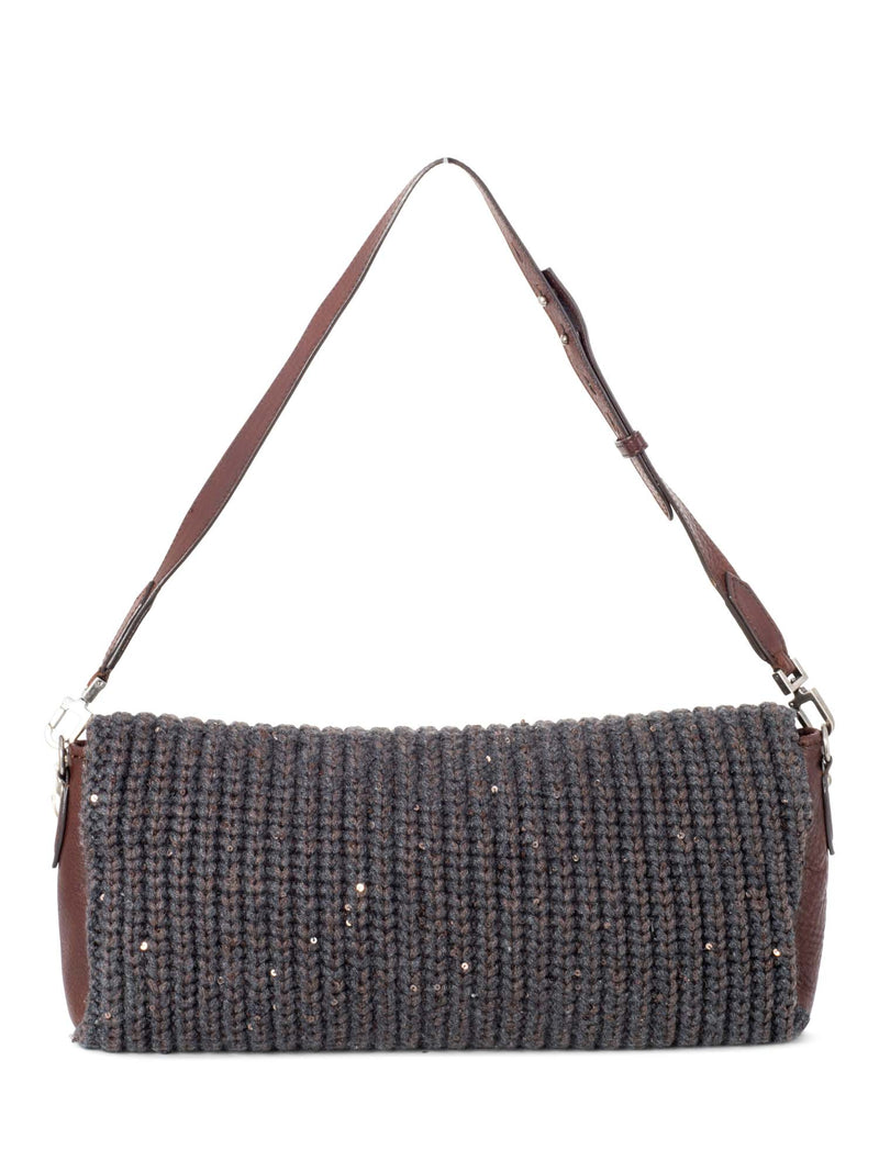 Brunello Cucinelli Knit Sparkles Flap Bag Backpack Grey Brown-designer resale