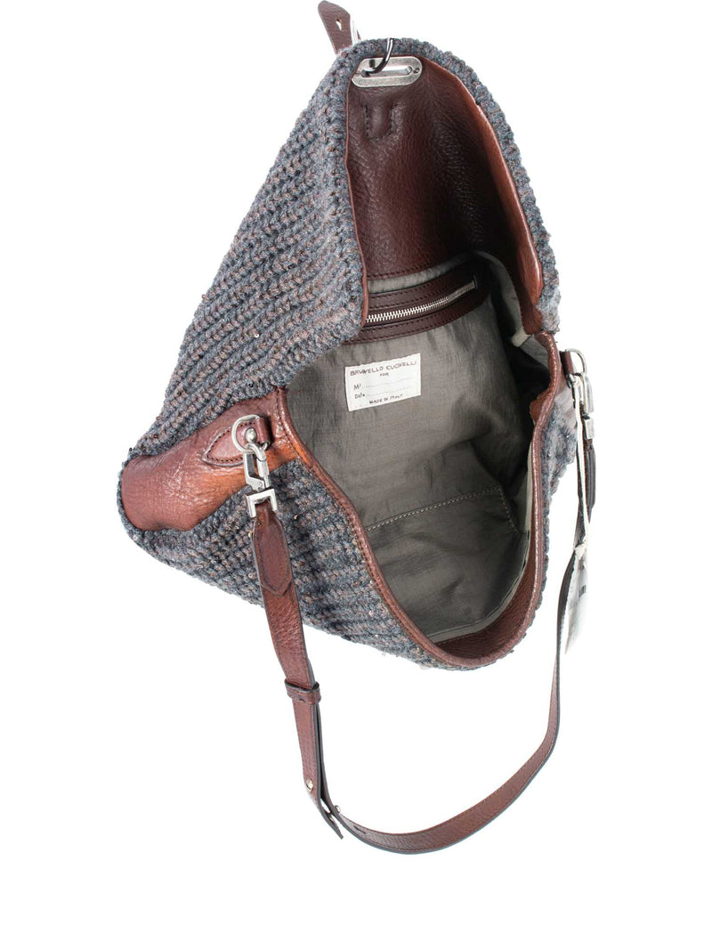 Brunello Cucinelli Knit Sparkles Flap Bag Backpack Grey Brown-designer resale