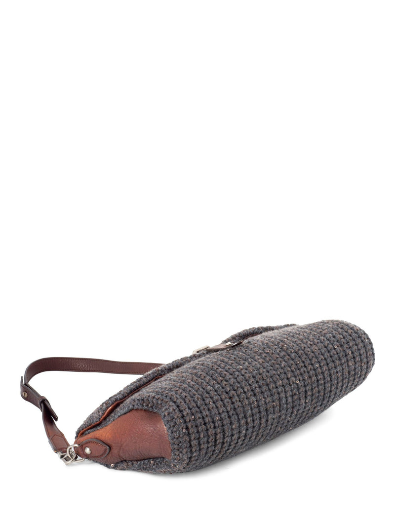 Brunello Cucinelli Knit Sparkles Flap Bag Backpack Grey Brown-designer resale