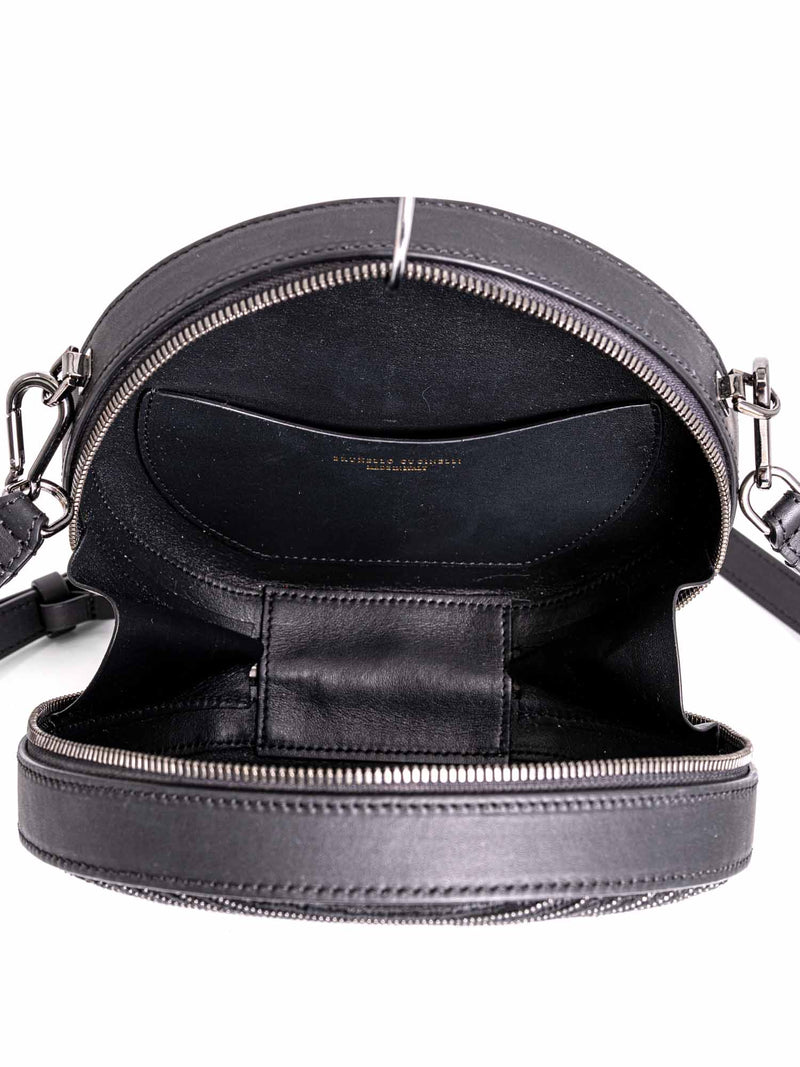 Brunello Cucinelli Leather Monili Beaded Round Messenger Bag Black-designer resale