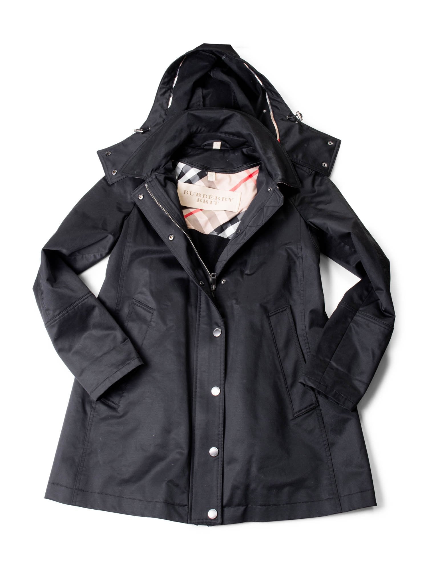 Burberry Brit Hooded Nova Check Wool Lined Coat Black-designer resale