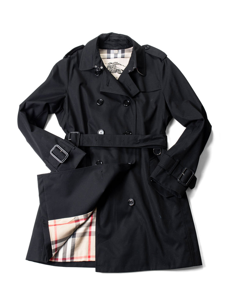 Burberry Gabardine Nova Check Trench Coat Black-designer resale