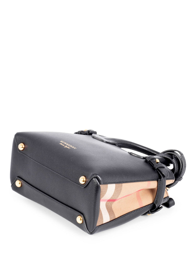 Burberry Leather House Check Small Derby Banner Tote Black-designer resale