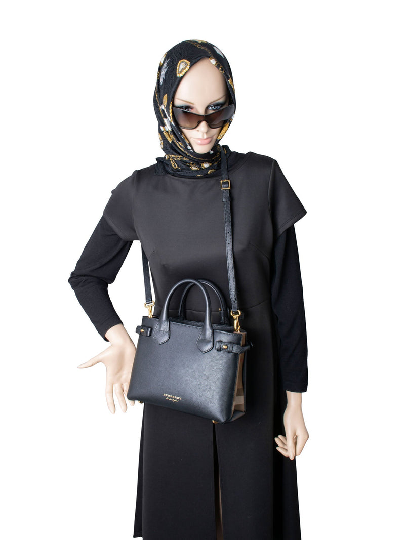 Burberry Leather House Check Small Derby Banner Tote Black-designer resale