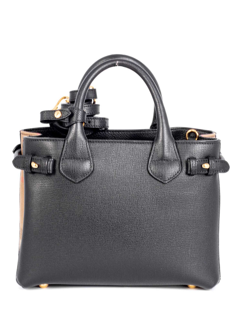 Burberry Leather House Check Small Derby Banner Tote Black-designer resale