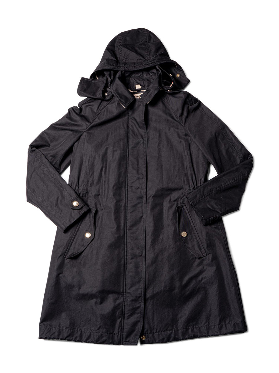 Burberry Nylon Nova Check Lined Hood Rain Coat Black