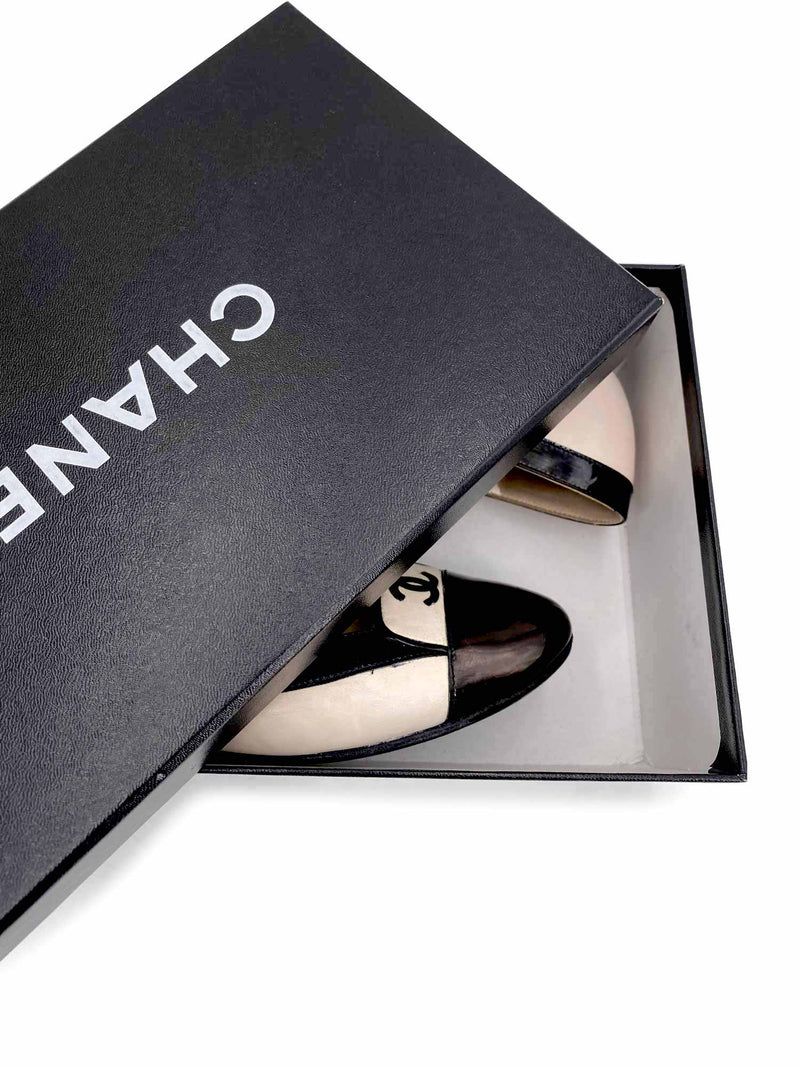 CHANEL CC Leather Cap Toe Ballet Flats White Black-designer resale