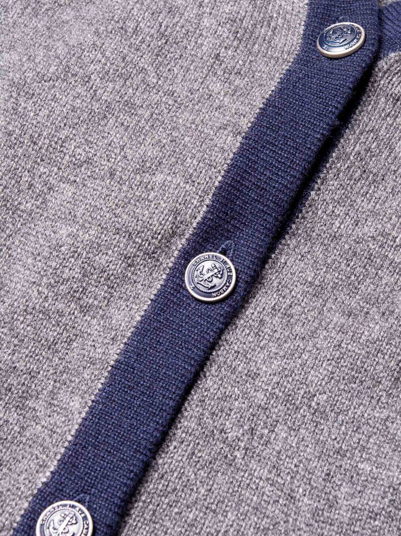 CHANEL CC Logo Cashmere Cardigan Sweater Navy Blue Grey-designer resale