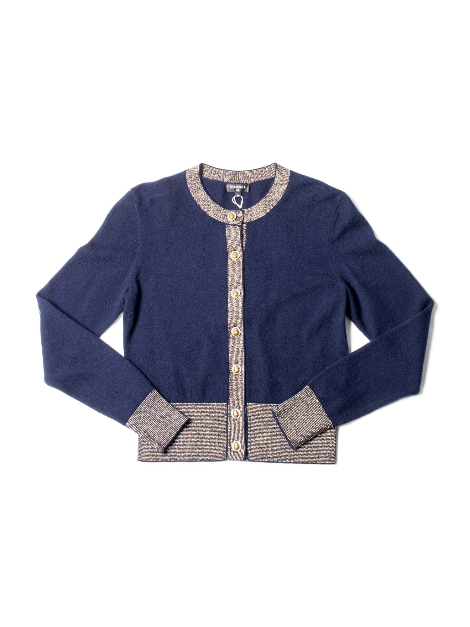 CHANEL CC Logo Cashmere Scarab Beetle Cardigan Navy Gold-designer resale