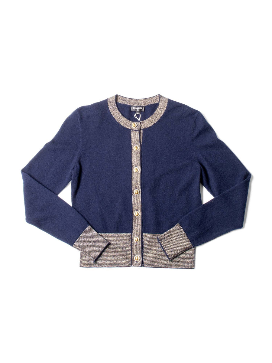 CHANEL CC Logo Cashmere Scarab Beetle Cardigan Navy Gold