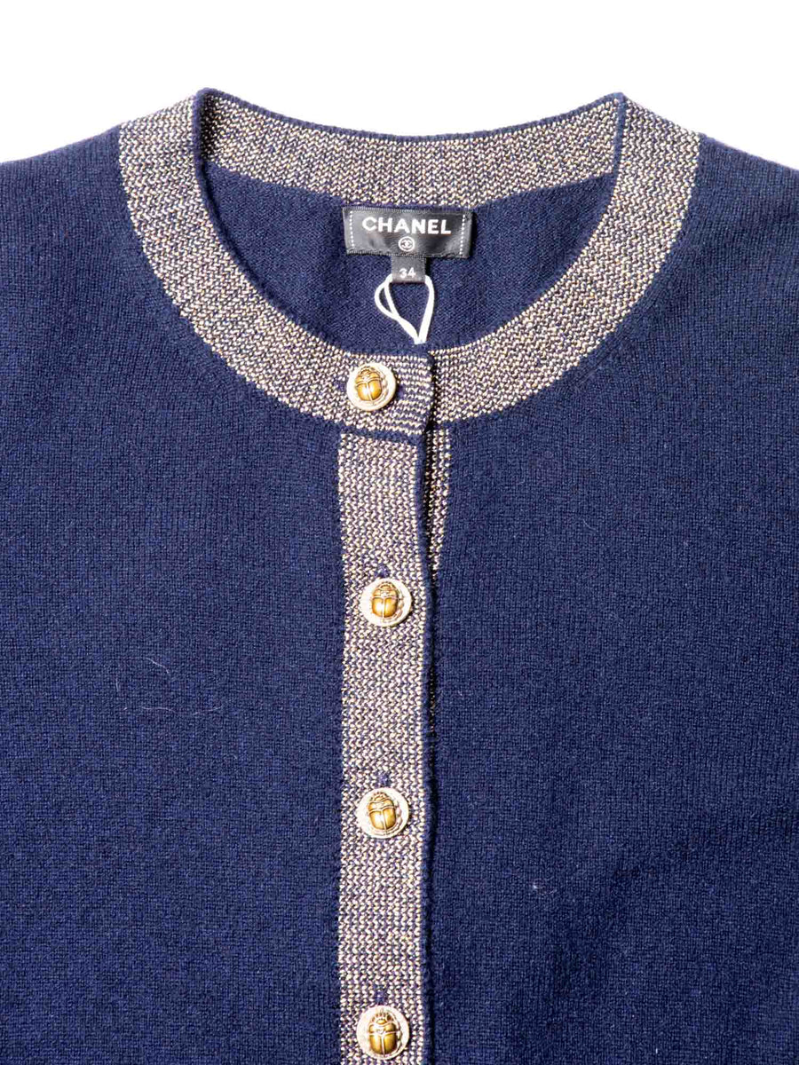 CHANEL CC Logo Cashmere Scarab Beetle Cardigan Navy Gold