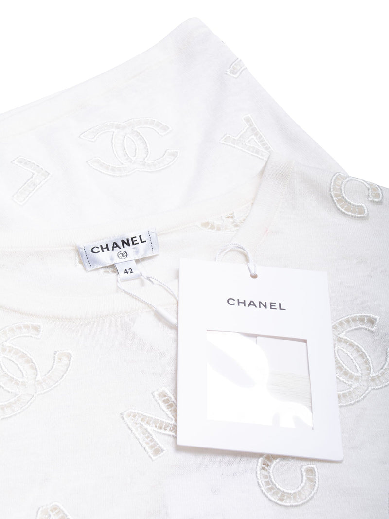 CHANEL CC Logo Cotton Eyelet Embroidered T-Shirt White-designer resale