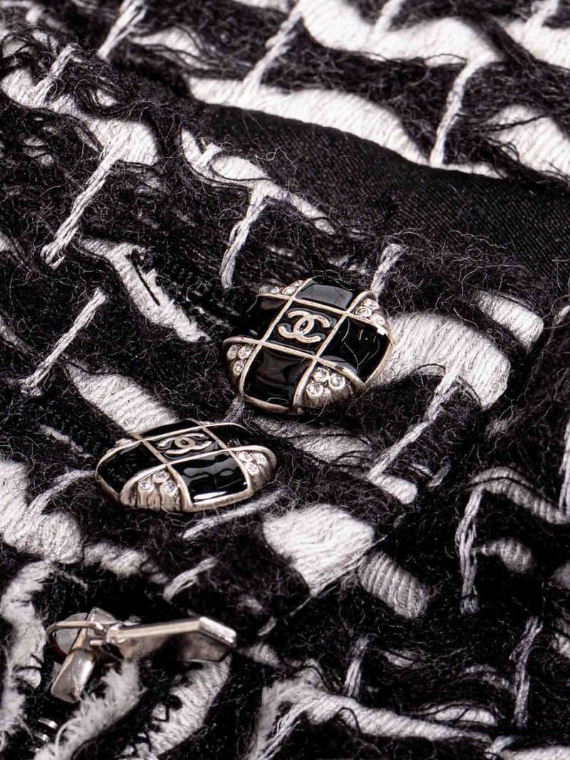 CHANEL CC Logo Fantasy Tweed Fringe A-Line Coat Black White-designer resale