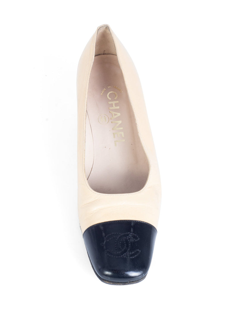 CHANEL CC Logo Leather Cap Toe Ballet Pumps Black Beige-designer resale