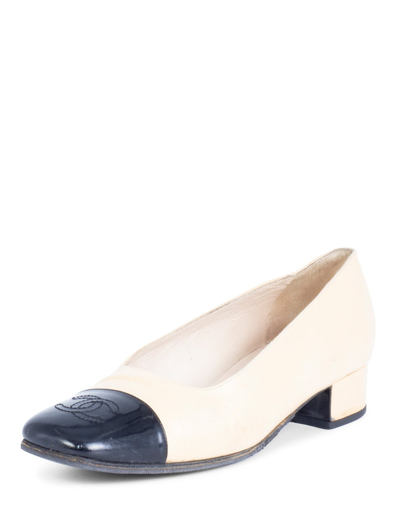 CHANEL CC Logo Leather Cap Toe Ballet Pumps Black Beige-designer resale