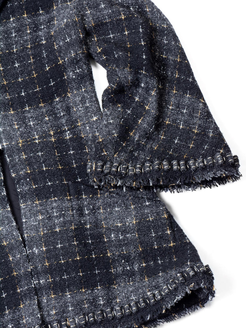 CHANEL CC Logo Lesage Tweed Fringe Aline Jacket Black Grey-designer resale