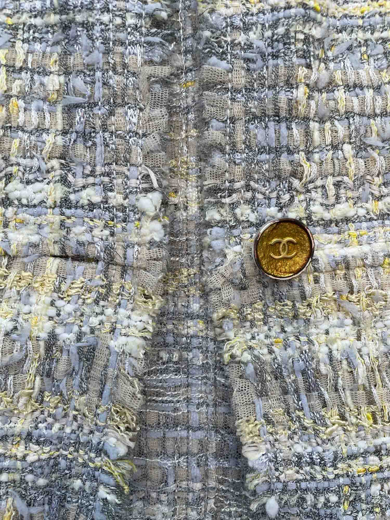 CHANEL CC Logo Lesage Tweed Fringe Jacket Grey Yellow-designer resale