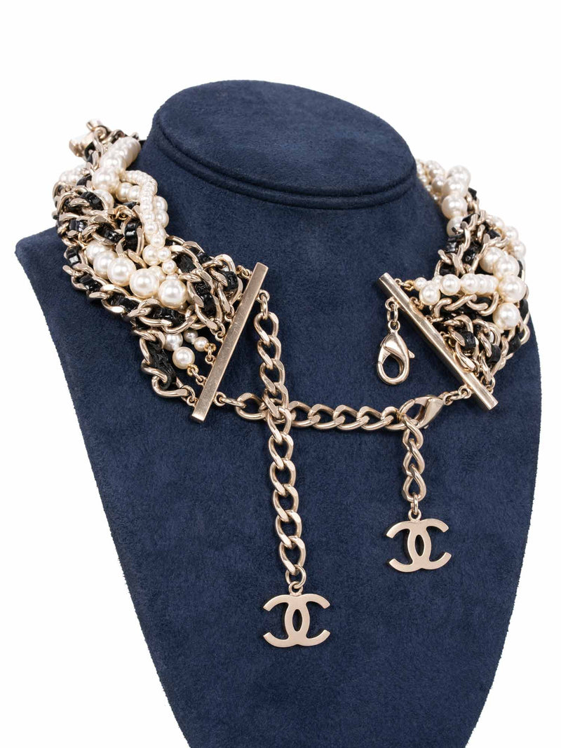 CHANEL CC Logo Pearl Multi Chain Choker Necklace Gold-designer resale