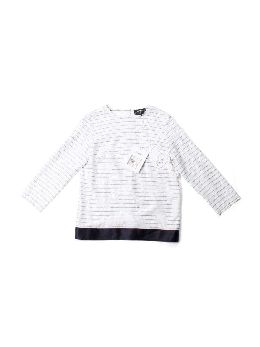 CHANEL CC Logo Silk Blouse Black White