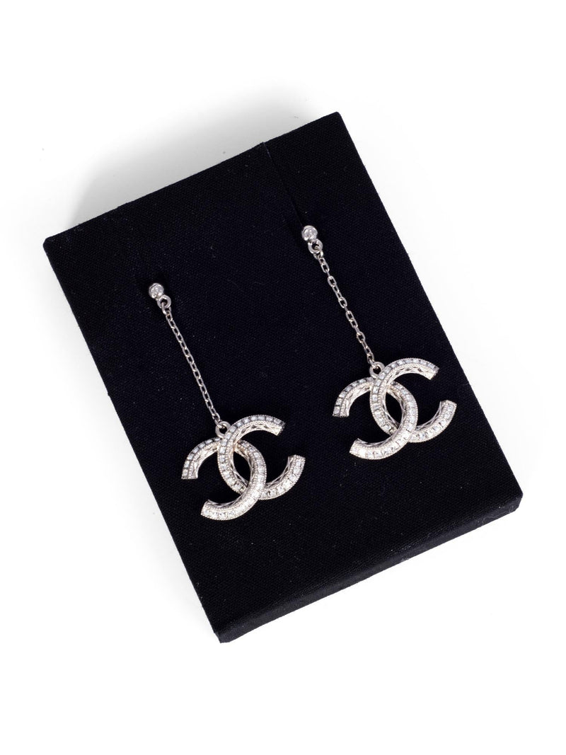 CHANEL CC Logo Swarovski Crystals Drop Earrings Silver-designer resale