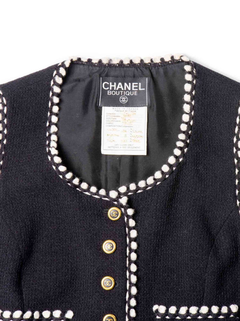 CHANEL CC Logo Tweed Wool Fringe Vest Black White-designer resale