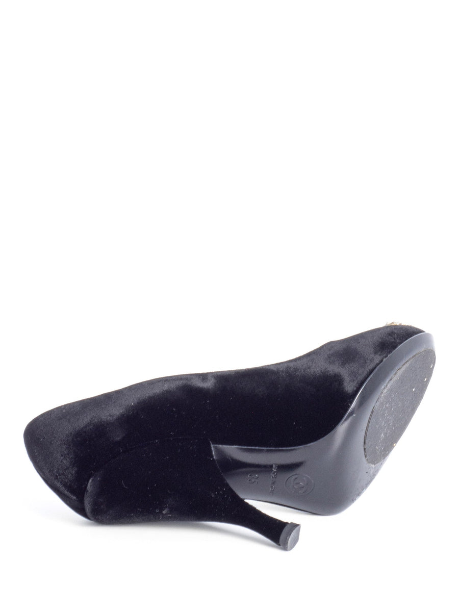 CHANEL CC Logo Velvet Crystal Heels Black CHANEL CC Logo Velvet Crystal Heels Black