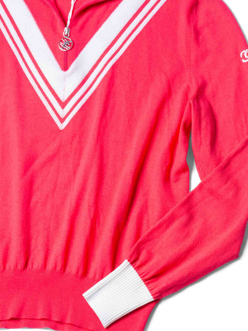 CHANEL CC Logo Wool Chevron Sweater Pink White-designer resale