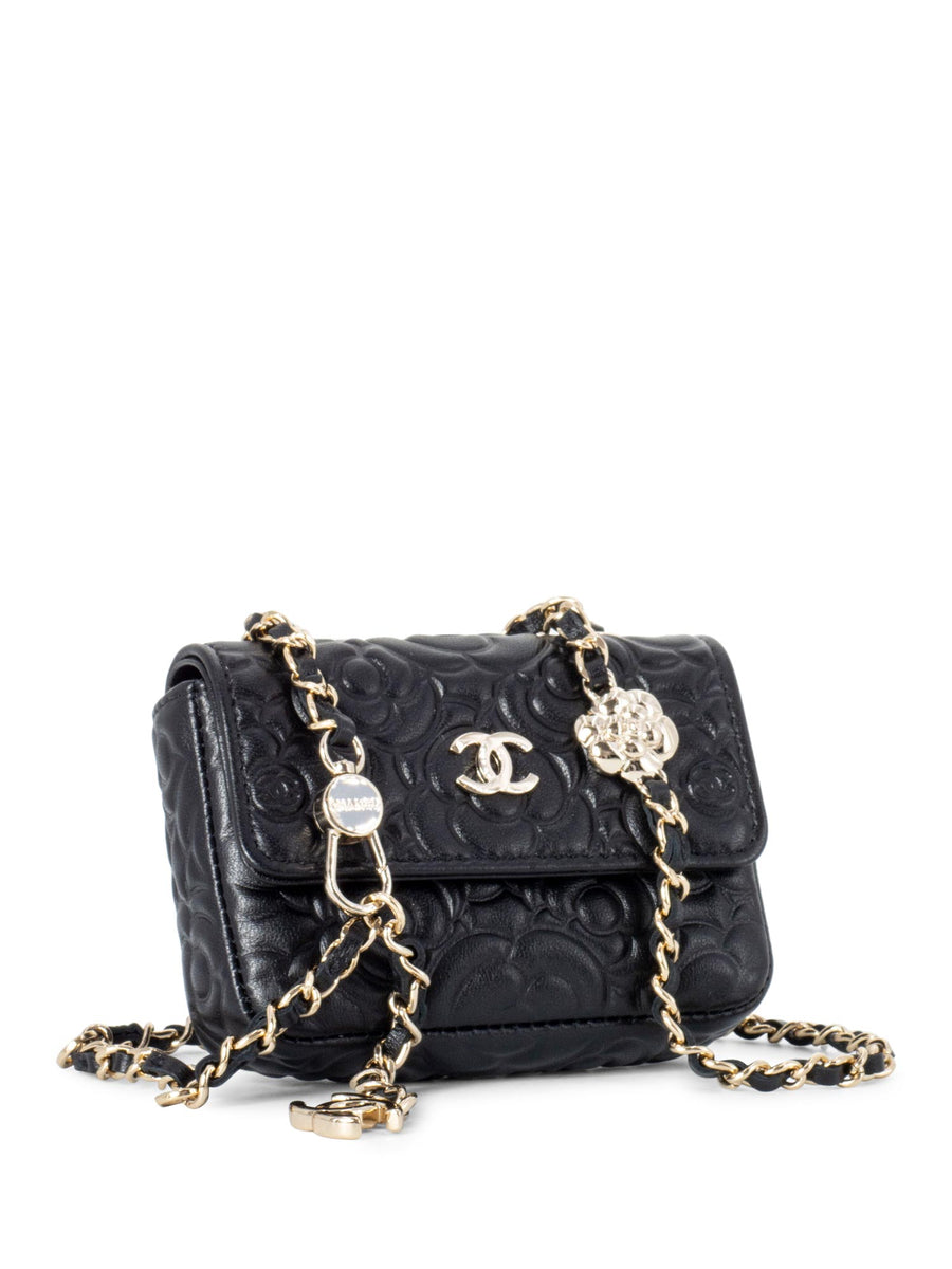 CHANEL Camellia Quilted Leather Chain Belt Bag Black