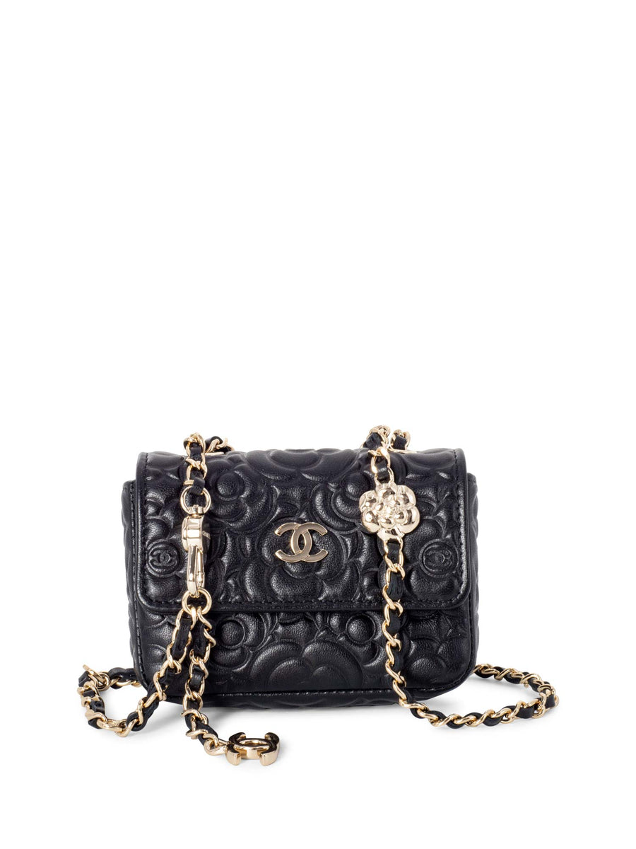 CHANEL Camellia Quilted Leather Chain Belt Bag Black