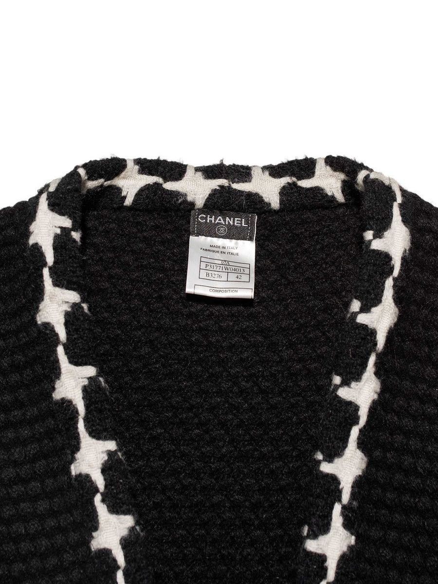 CHANEL Cashmere Knit Fringe Cardigan Black White CHANEL Cashmere Knit Fringe Cardigan Black White