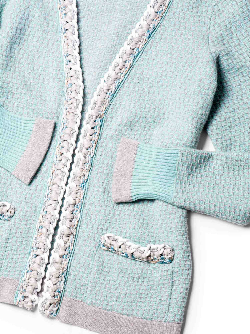 CHANEL Cashmere Lurex Tweed Chain Cardigan Aqua Grey-designer resale