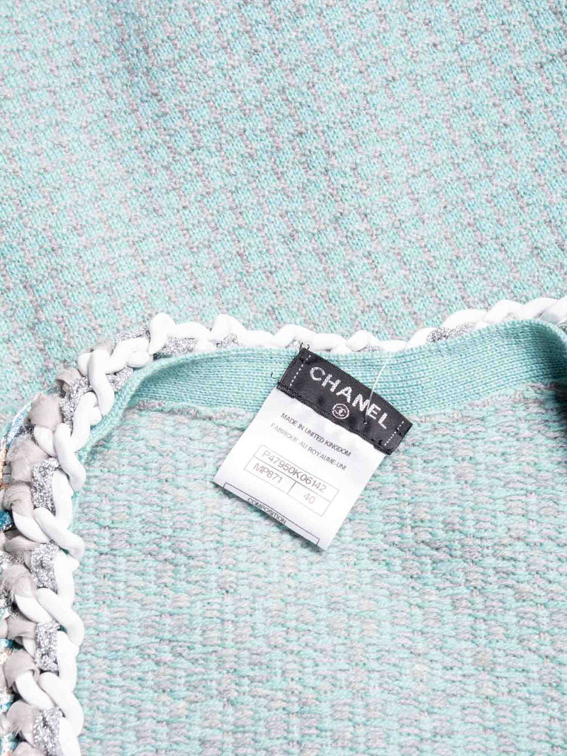 CHANEL Cashmere Lurex Tweed Chain Cardigan Aqua Grey-designer resale