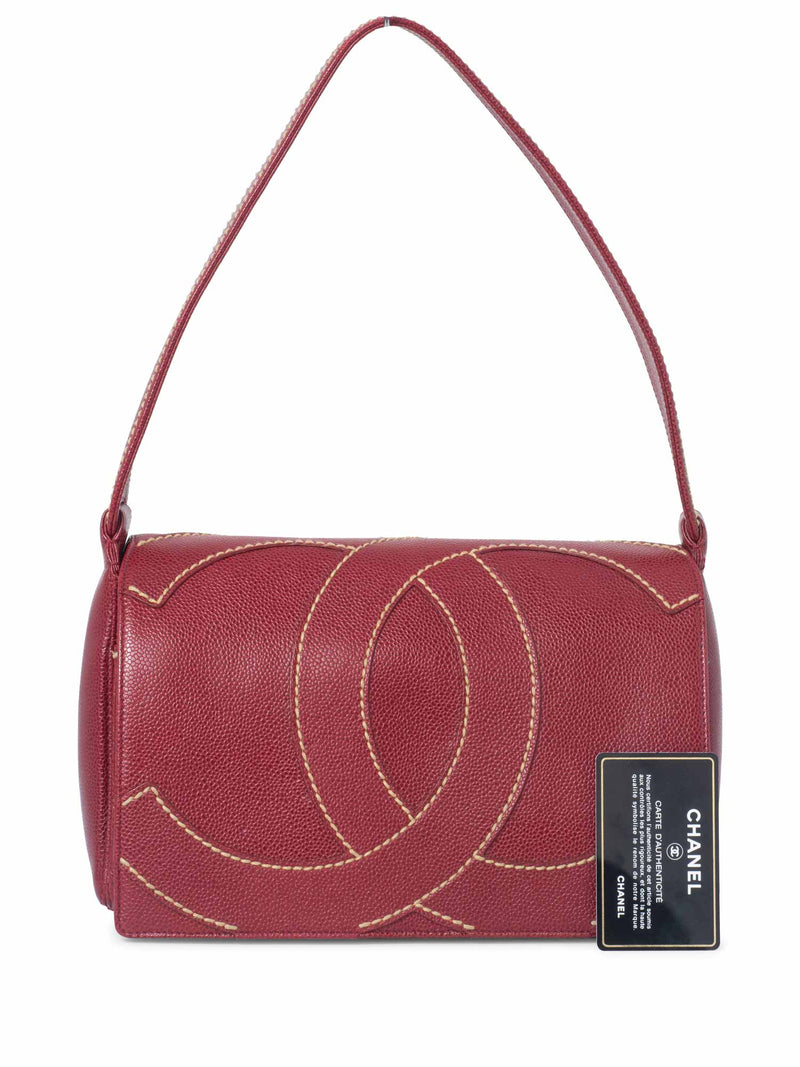 CHANEL Caviar Leather CC Logo Flap Hobo Bag Red-designer resale