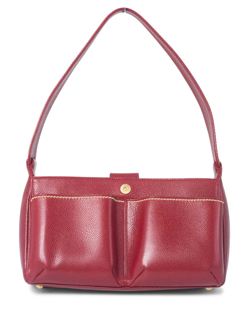 CHANEL Caviar Leather CC Logo Flap Hobo Bag Red-designer resale