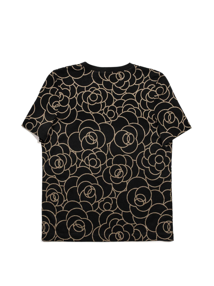 CHANEL Cotton CC Logo Camellia Tee Shirt Gold Black